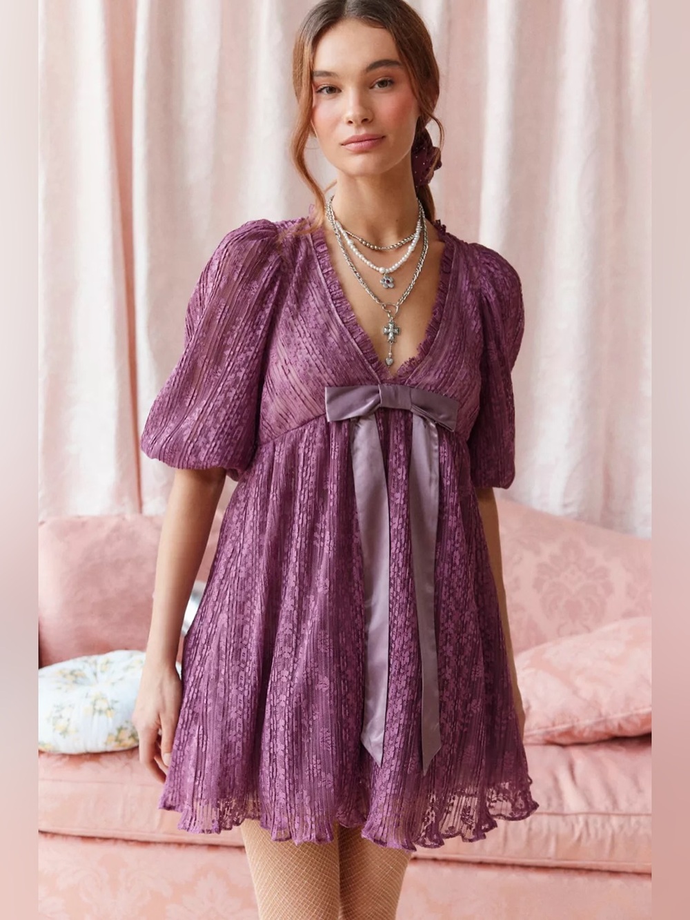 UO Kimchi Blue Margaret Lace Bow Detail Babydoll Mini Dress XS Purple